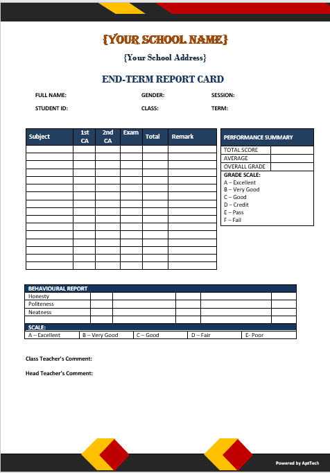 Report card template option 1