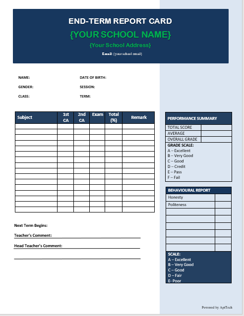 Report card template option 2